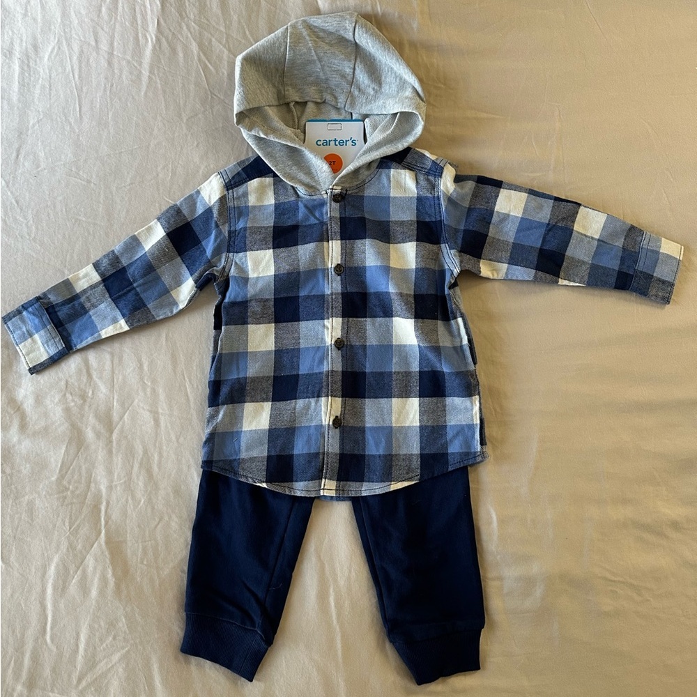NWT Carter's Blue Plaid Hoodie Set, Size 2T